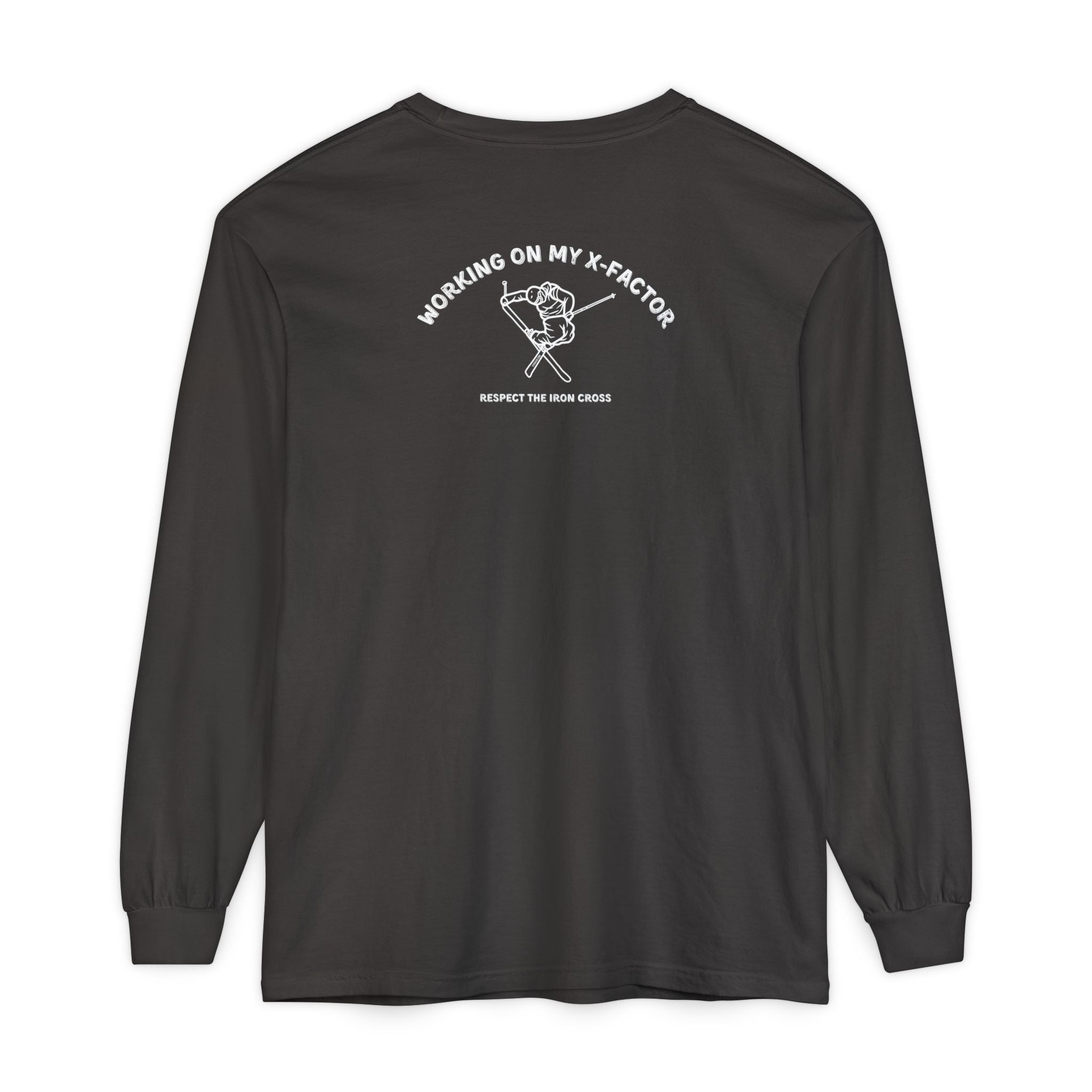 Black long-sleeve unisex Comfort Color t-shirt with ski jump graphic and text Working on my X-Factor Respect the Iron Cross