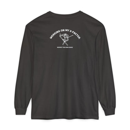 Black long-sleeve unisex Comfort Color t-shirt with ski jump graphic and text Working on my X-Factor Respect the Iron Cross