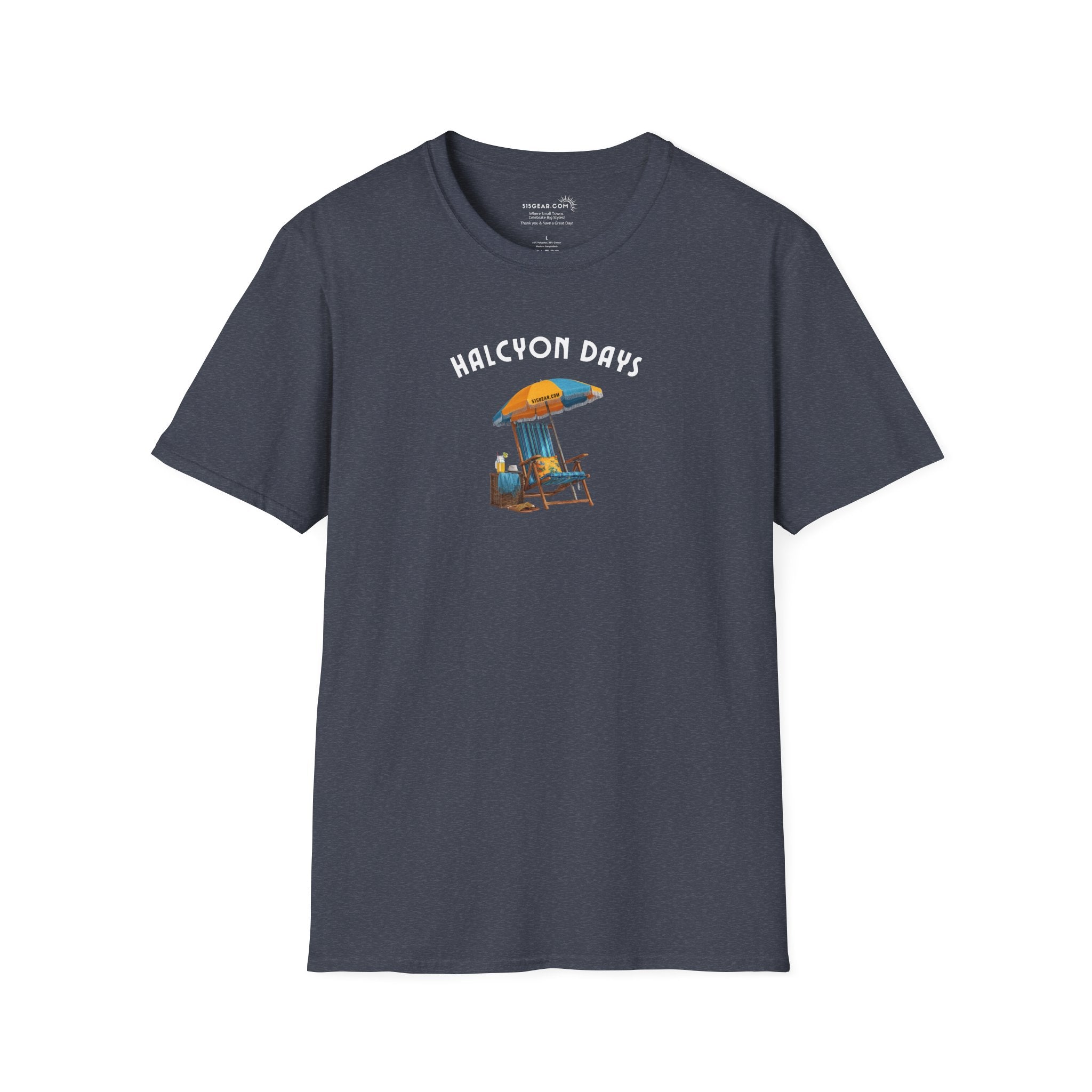 Navy blue unisex t-shirt with text "Halcyon Days" and beach chair with umbrella graphic