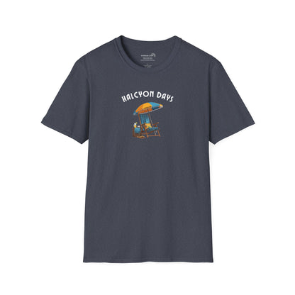 Navy blue unisex t-shirt with text "Halcyon Days" and beach chair with umbrella graphic