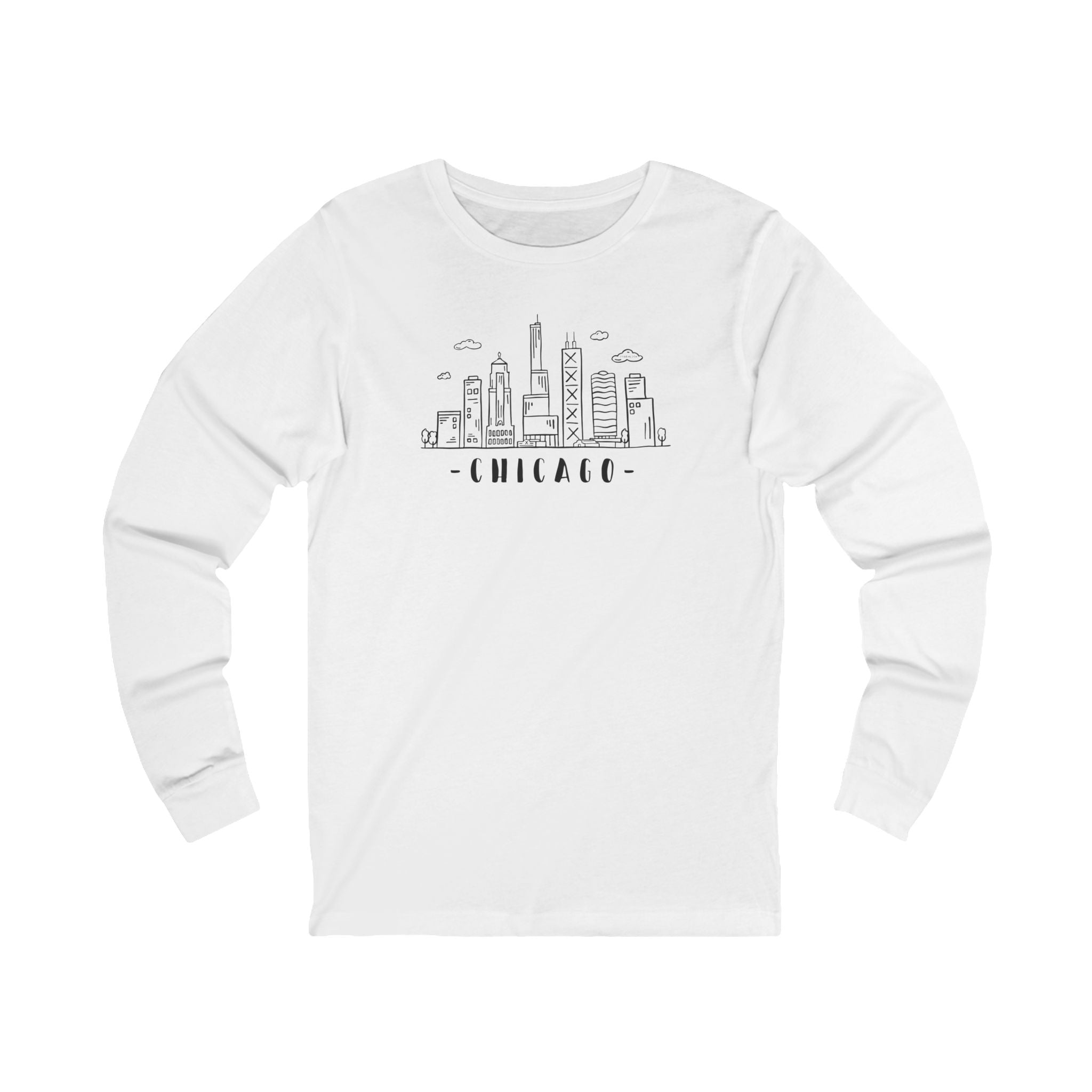 White long-sleeve shirt with Chicago skyline graphic and text "Chicago"