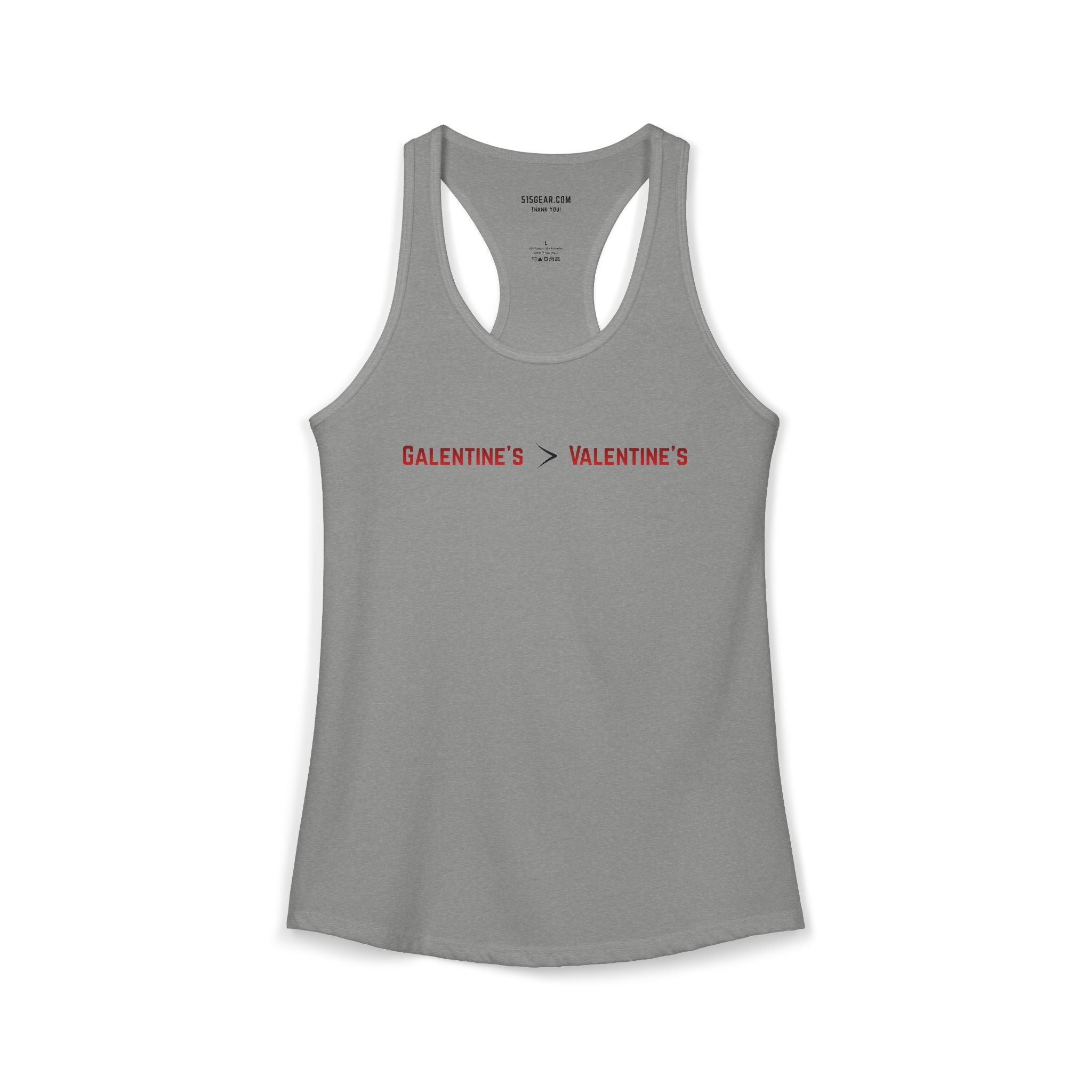 Gray women's Racerback tank top with text Galentine’s over Valentine’s 