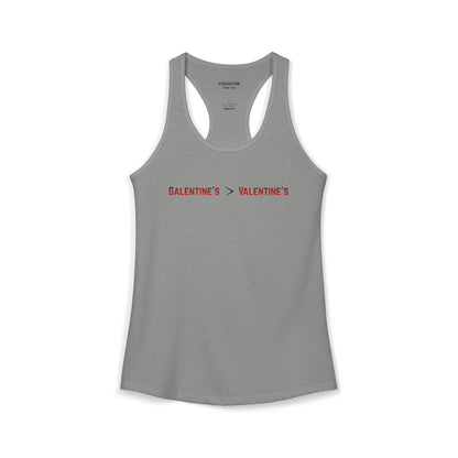 Gray women's Racerback tank top with text Galentine’s over Valentine’s 