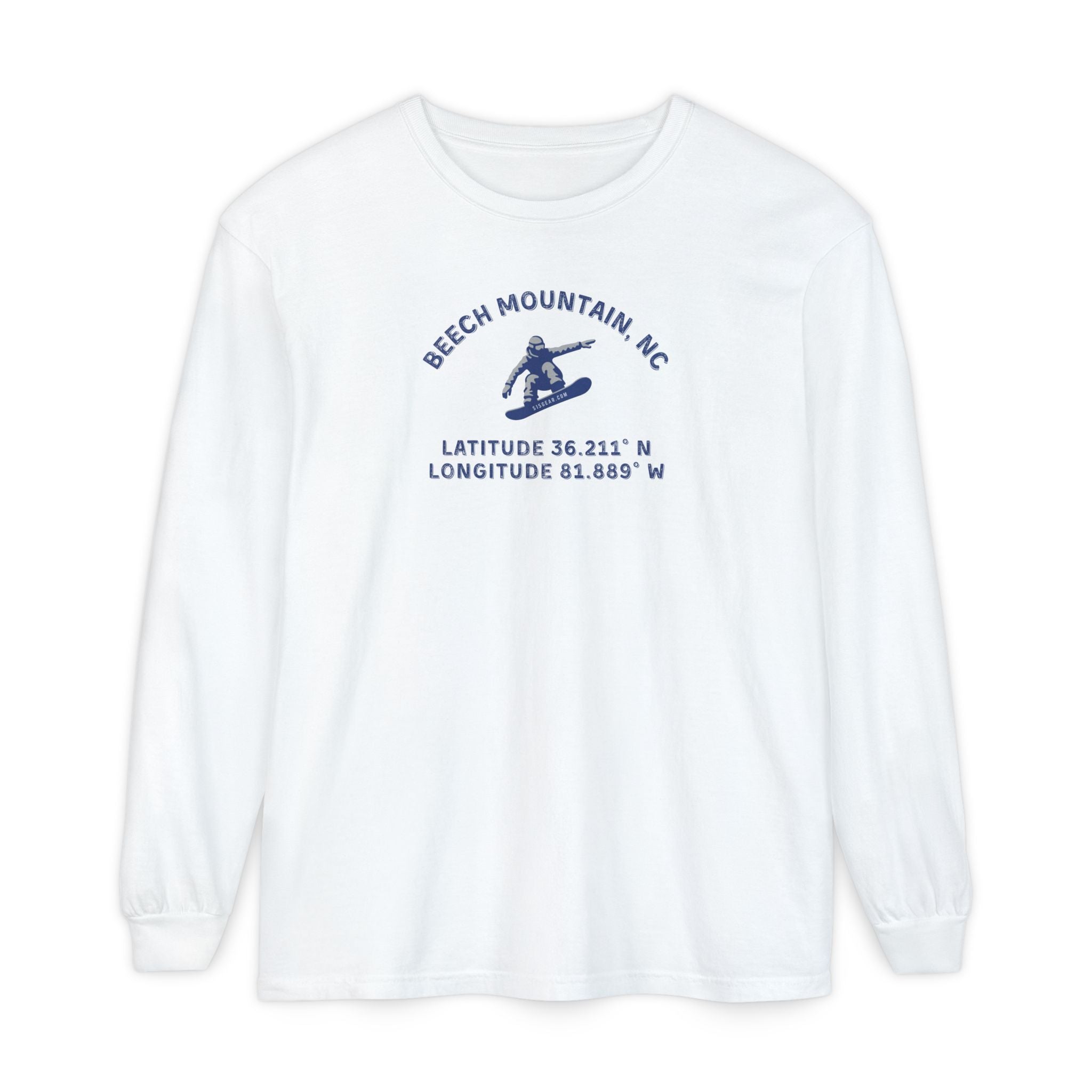 White long sleeve tee with Snowboarder mid-air and text 'Beech Mountain, NC Latitude 36.211' N Longitude 81.889' W