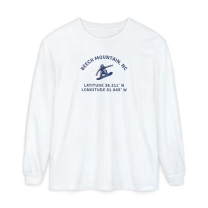 White long sleeve tee with Snowboarder mid-air and text 'Beech Mountain, NC Latitude 36.211' N Longitude 81.889' W