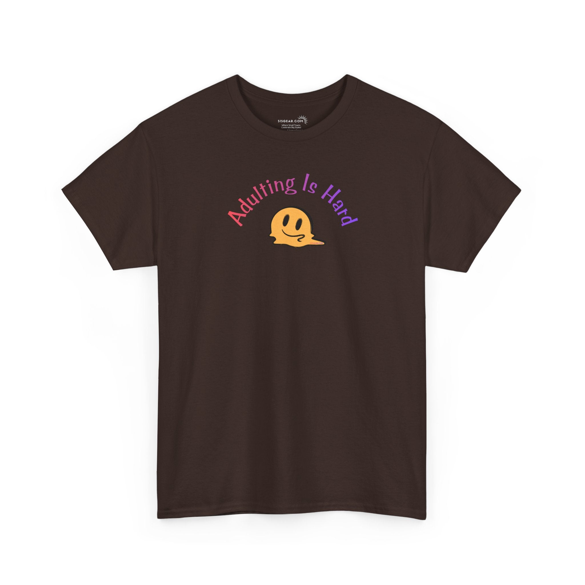 Brown Gildan Unisex 100% Heavy Cotton soft t-shirt, with smiley face graphic and text "Adulting is Hard"
