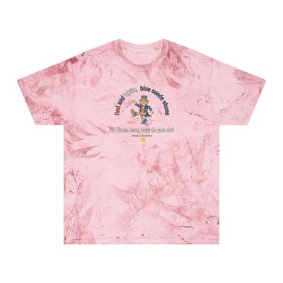 Pink tie-dye t-shirt with Uncle Sam dancing and text "Red and White, Blue Suede Shoes..." 