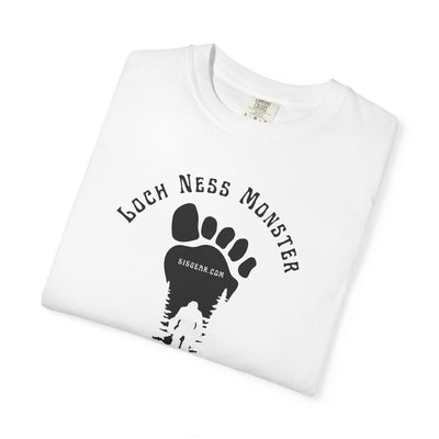 Comfort Colors white t-shirt with black graphic of a foot with Big Foot inside and text "Loch Ness Monster My Foot" by 515Gear.com