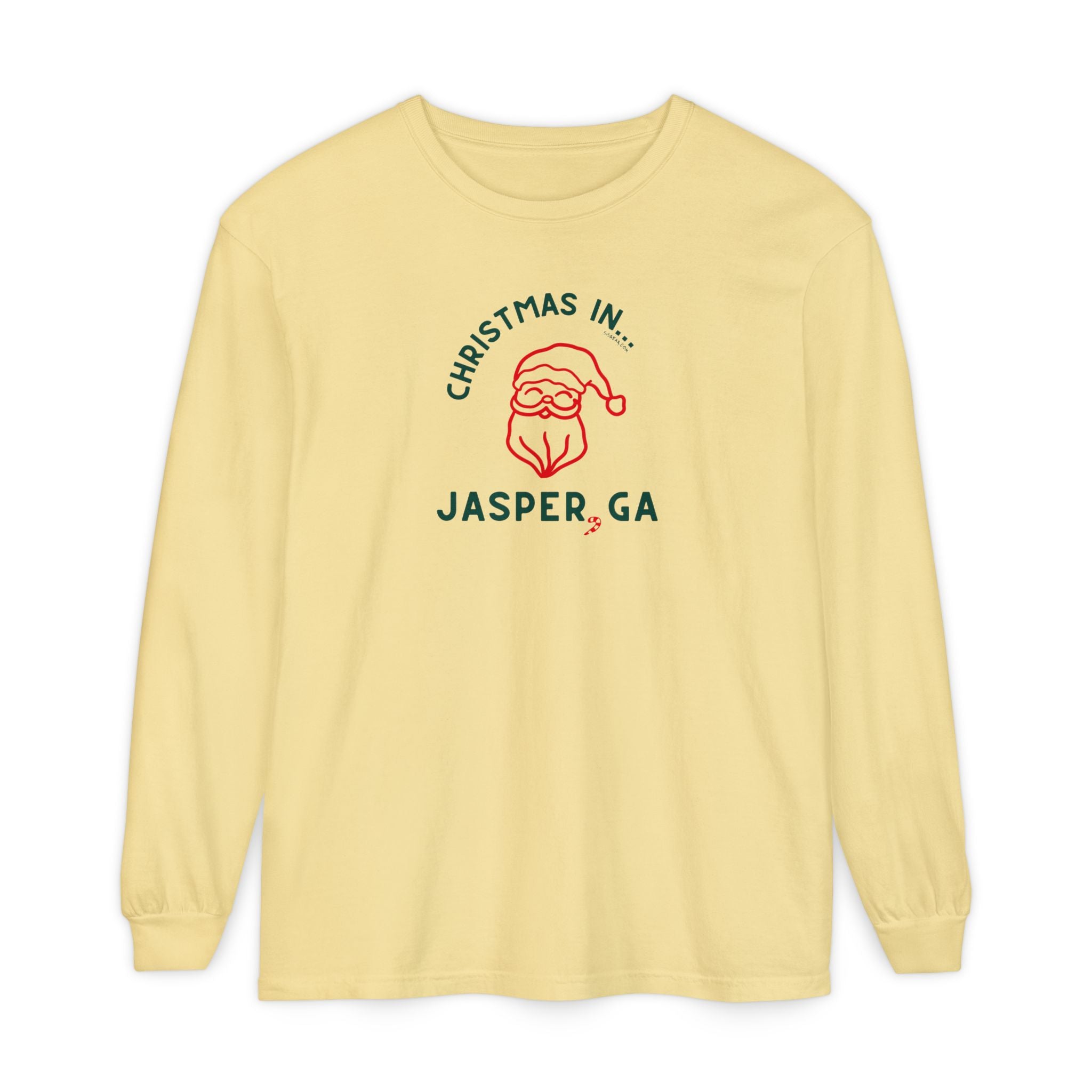 Yellow long-sleeve shirt with happy Santa and candy cane graphic and text "Christmas in... Jasper, GA"