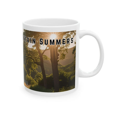 Mug with a vintage scenic design of a rural road at sunrise cutting through the North Georgia Mountains in Summer by 515Gear.com