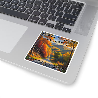North Georgia Beckons! Square Sticker — Scenic Fall Mountain Travel Decal