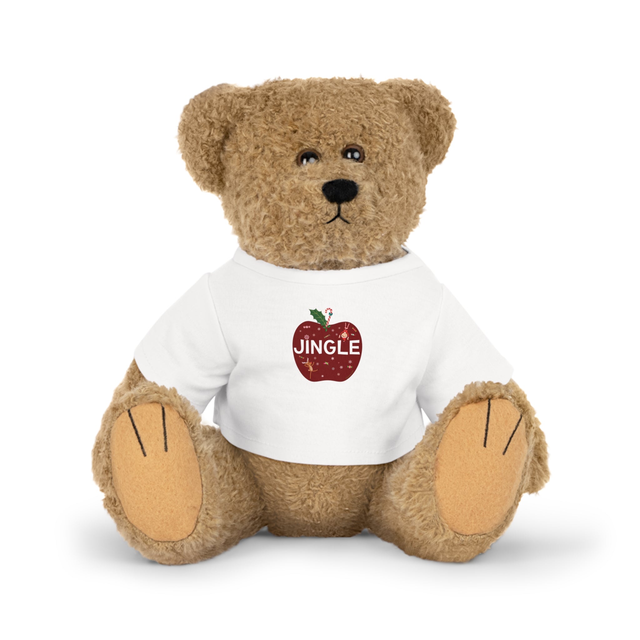 Teddy bear wearing a white shirt with 'JINGLE' and an apple graphic on a white background