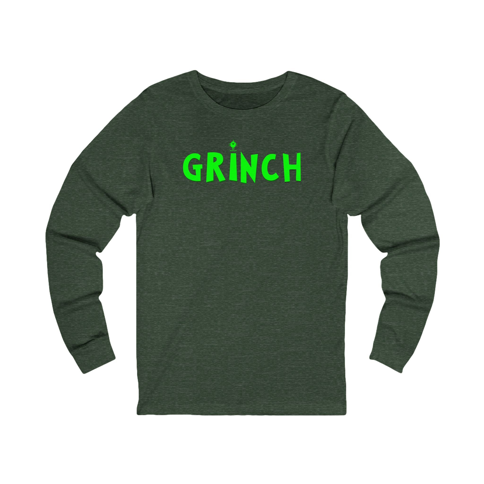Green long-sleeve shirt with 'GRINCH' text on a white background