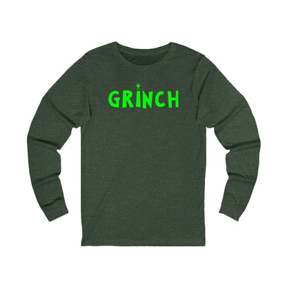 Green long-sleeve shirt with 'GRINCH' text on a white background