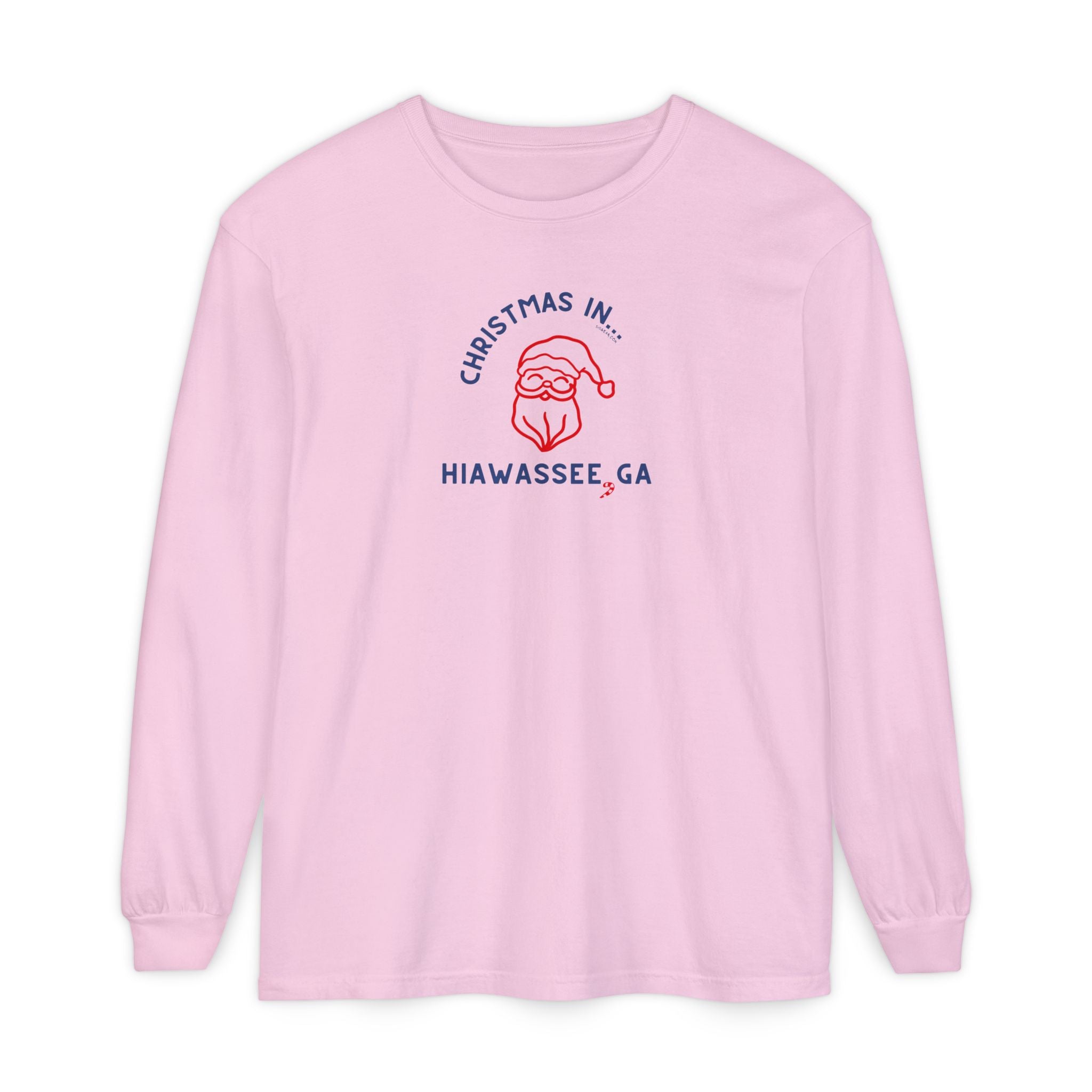 Pink long-sleeve unisex Comfort Colors t-shirt with Christmas graphic and text "Christmas in Hiawassee, GA"