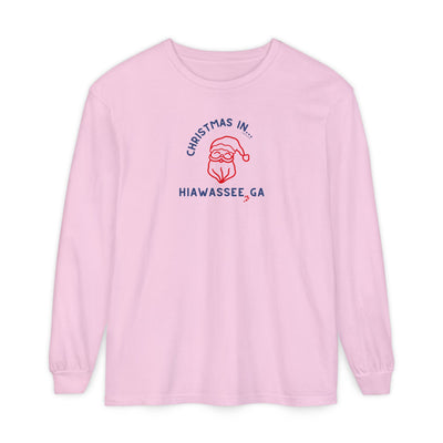 Pink long-sleeve unisex Comfort Colors t-shirt with Christmas graphic and text "Christmas in Hiawassee, GA"