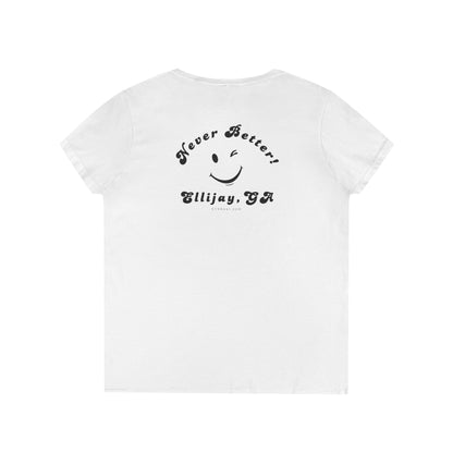 White women's v-neck shirt with a winking smiley face and "never better - Ellijay GA" text on the back by 515Gear.com