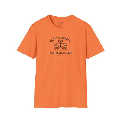 unisex adult T-shirt, Roots & Shoots, Garden shovel root leaf graphic, 515Gear.com | Blairsville, GA | celebrate gardening