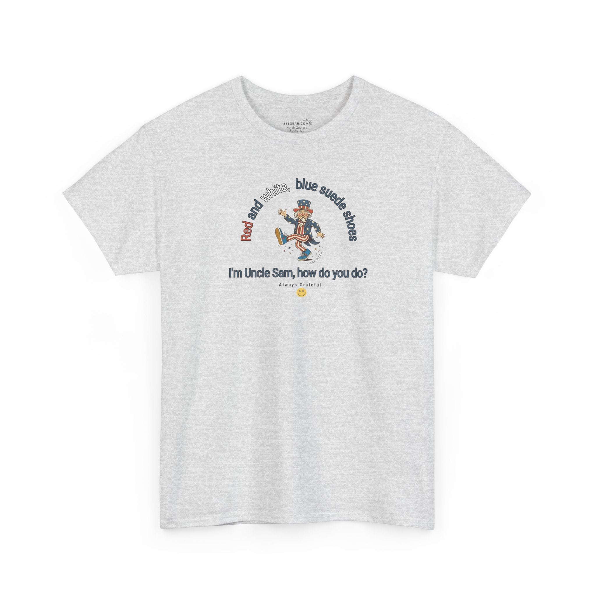 White t-shirt with July 4th dancing Uncle Sam and text 