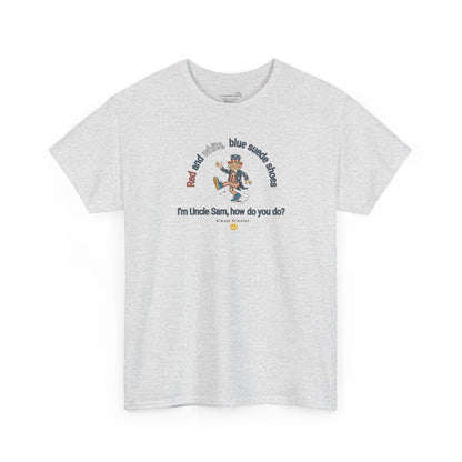 White t-shirt with July 4th dancing Uncle Sam and text 