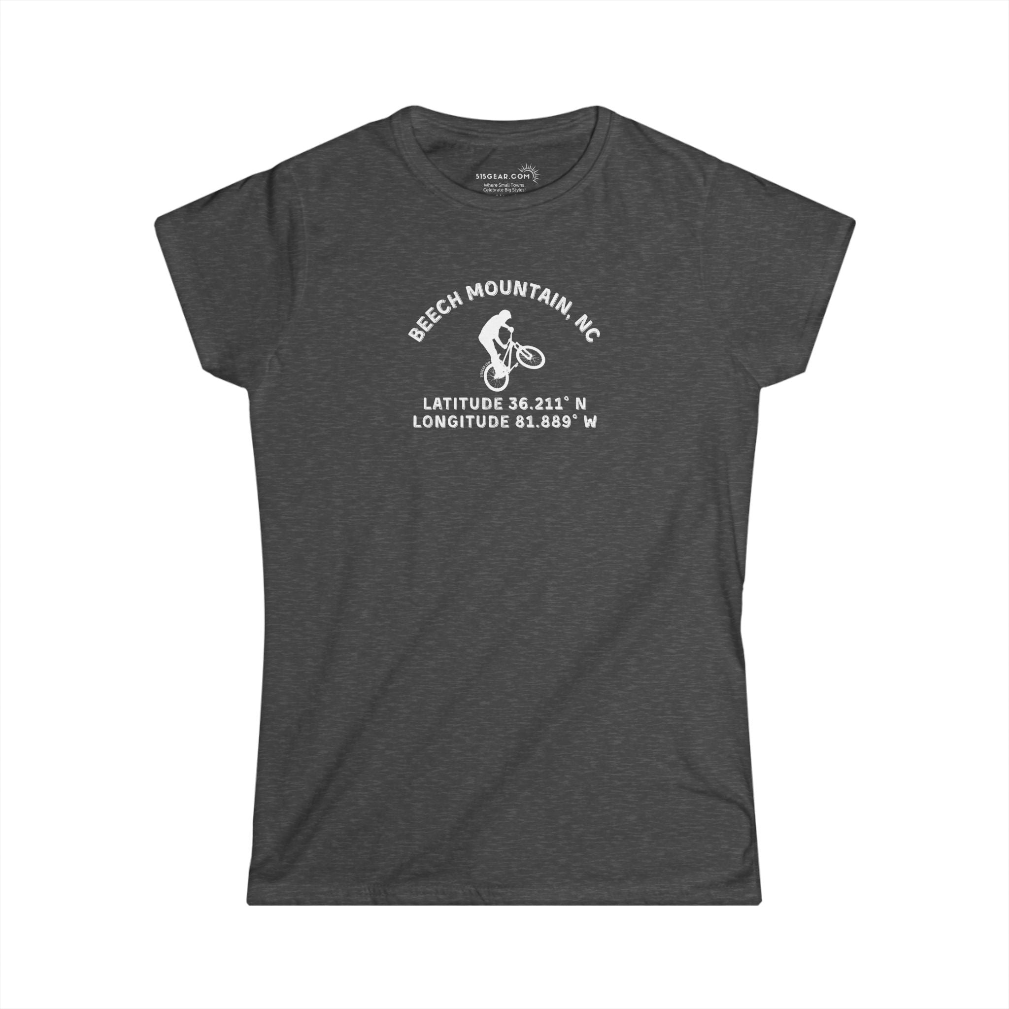 Gray women's semi fitted t-shirt with mountain bike graphic and text "Beech Mountain, NC - Latitude and Longitude" coordinates