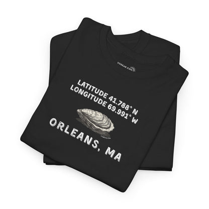 Black t-shirt with with oyster graphic and rustic text "Latitude 41.788 N, Longitude 69.991 W - Orleans, MA" 