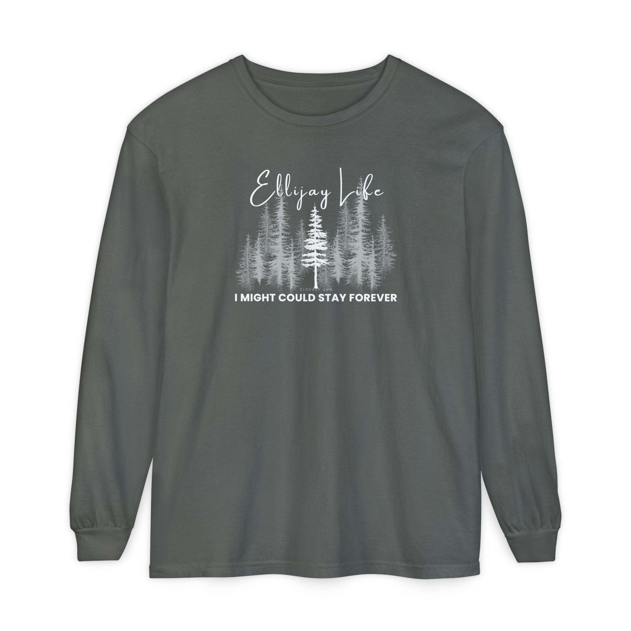 Grey comfort colors long sleeve t-shirt with nature-themed graphic and text "Ellijay Life - I Might Could Stay Forever"  