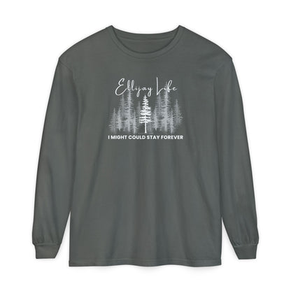 Grey comfort colors long sleeve t-shirt with nature-themed graphic and text "Ellijay Life - I Might Could Stay Forever"  
