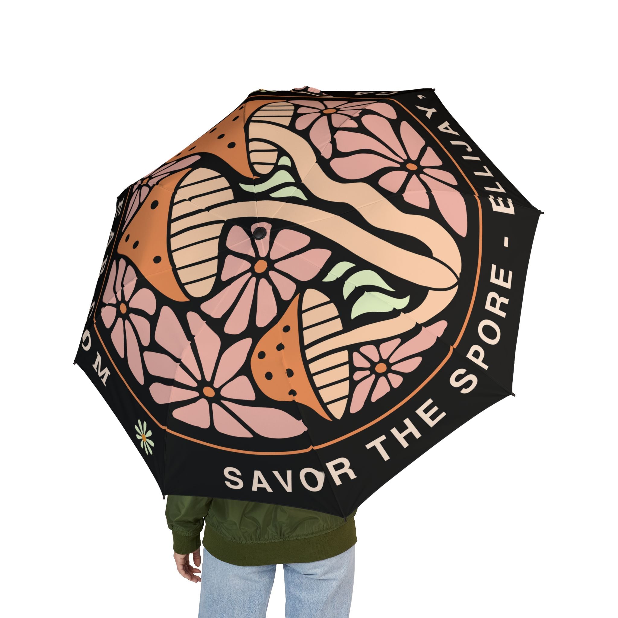 Umbrella with mushroom design and text Savor the Sport Ellijay GA by 515Gear.com