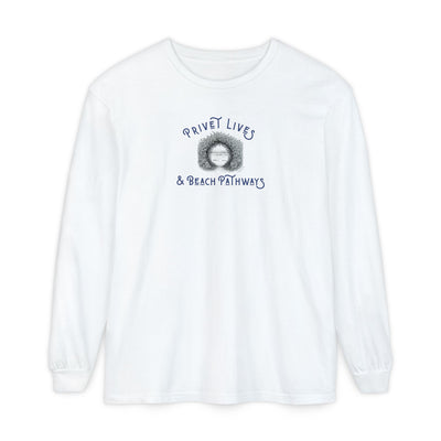 White unisex Comfort Colors® long‑sleeve tee with beach graphic and text "Privet Lives & Beach Pathways"