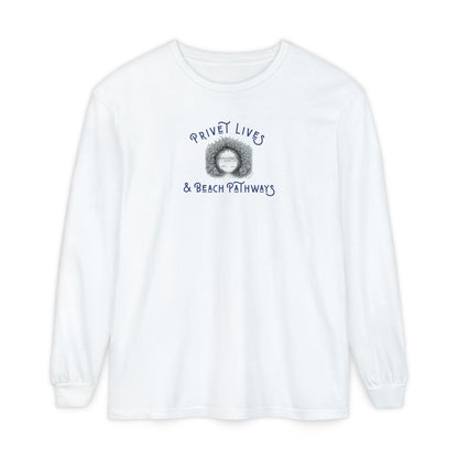 White unisex Comfort Colors® long‑sleeve tee with beach graphic and text "Privet Lives & Beach Pathways"