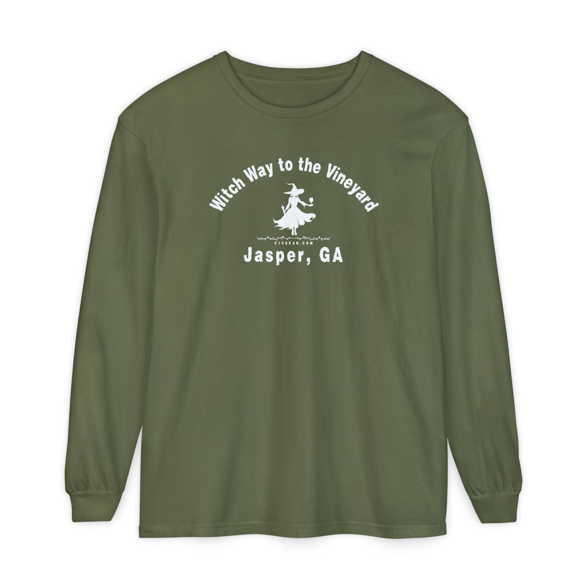 Green long sleeve t-shirt with sassy witch graphic holding a glass of wine and text "Witch Way to the Vineyard - Jasper GA" by 515Gear.com
