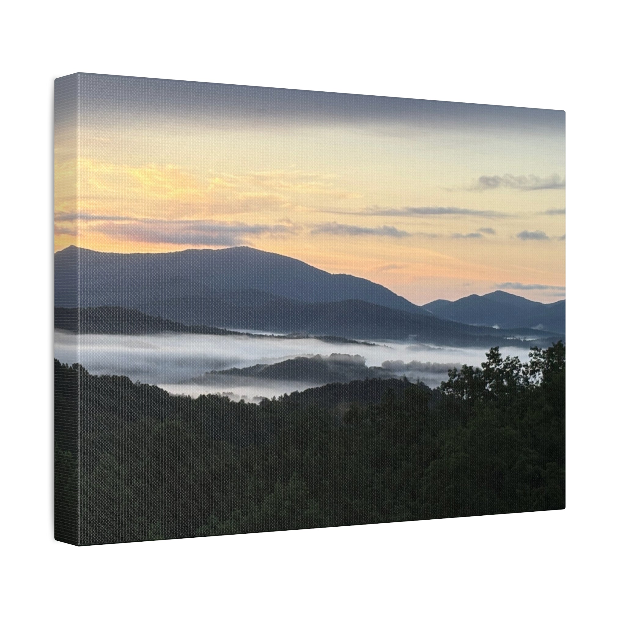 Surreal misty mountain sunrise in the blue ridge mountains canvas wall print on a white wall