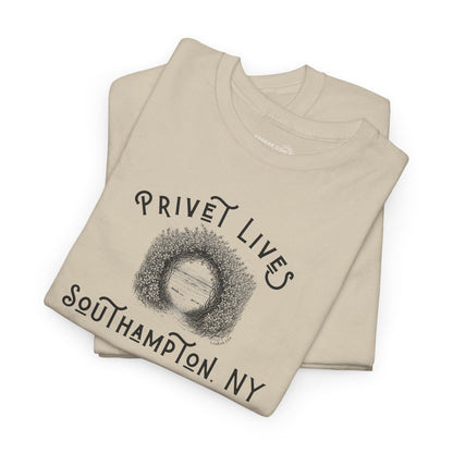 Beige t-shirt with privet beach pathway illustration and text "Privet Lives - Southampton, NY"