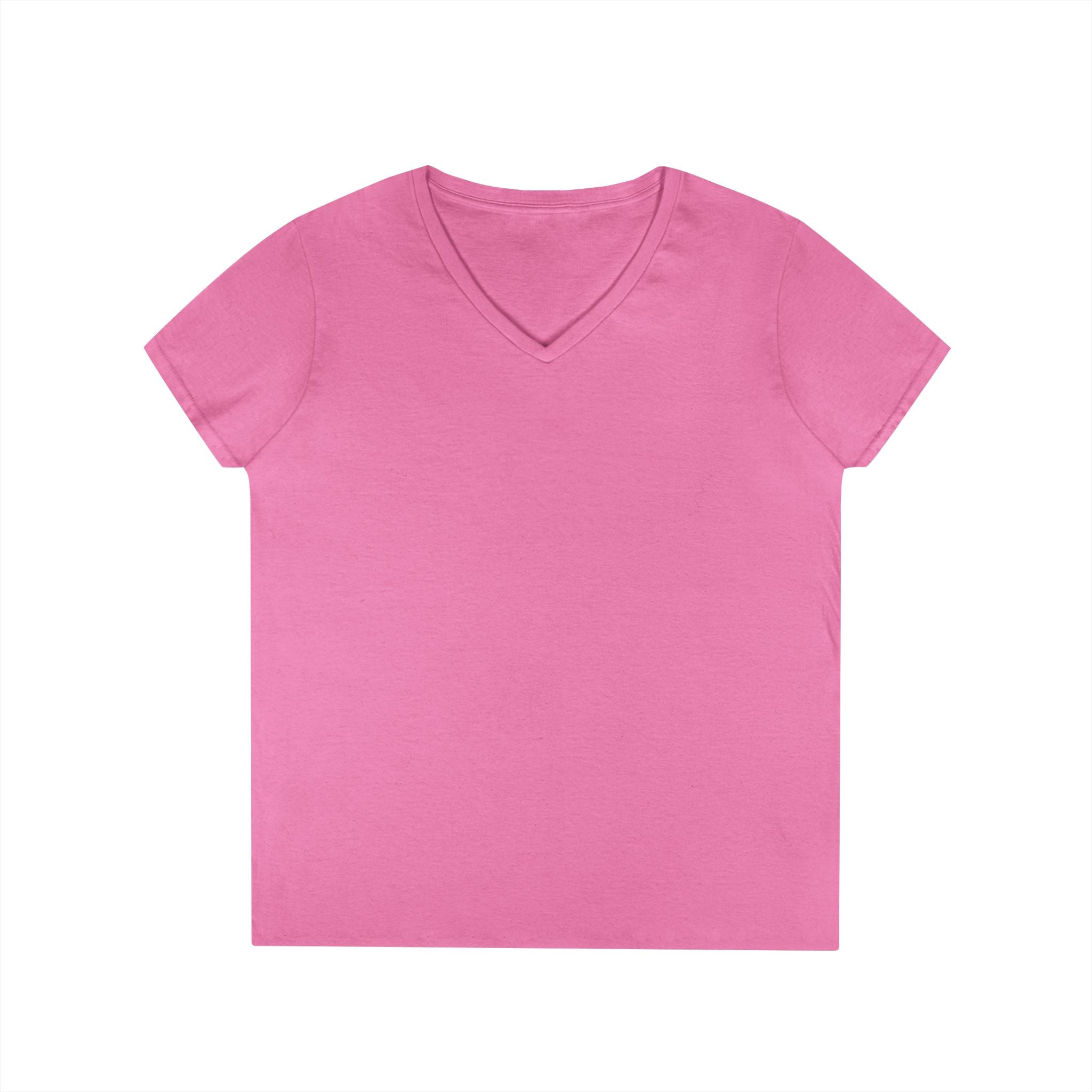 Pink women's v-neck tee - has a winking smiley face and "never better - Ellijay GA" on the back 
