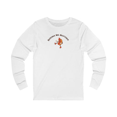 White long-sleeve shirt with a hotdog graphic and text "Delicious Not Nutritious"