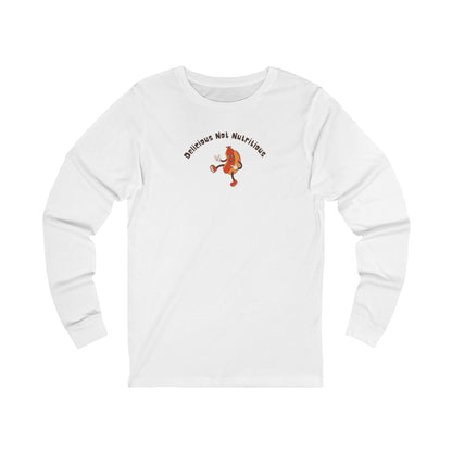 White long-sleeve shirt with a hotdog graphic and text "Delicious Not Nutritious"