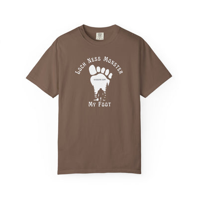 Comfort Colors brown t-shirt with black graphic of a foot with Big Foot inside and text "Loch Ness Monster My Foot" by 515Gear.com