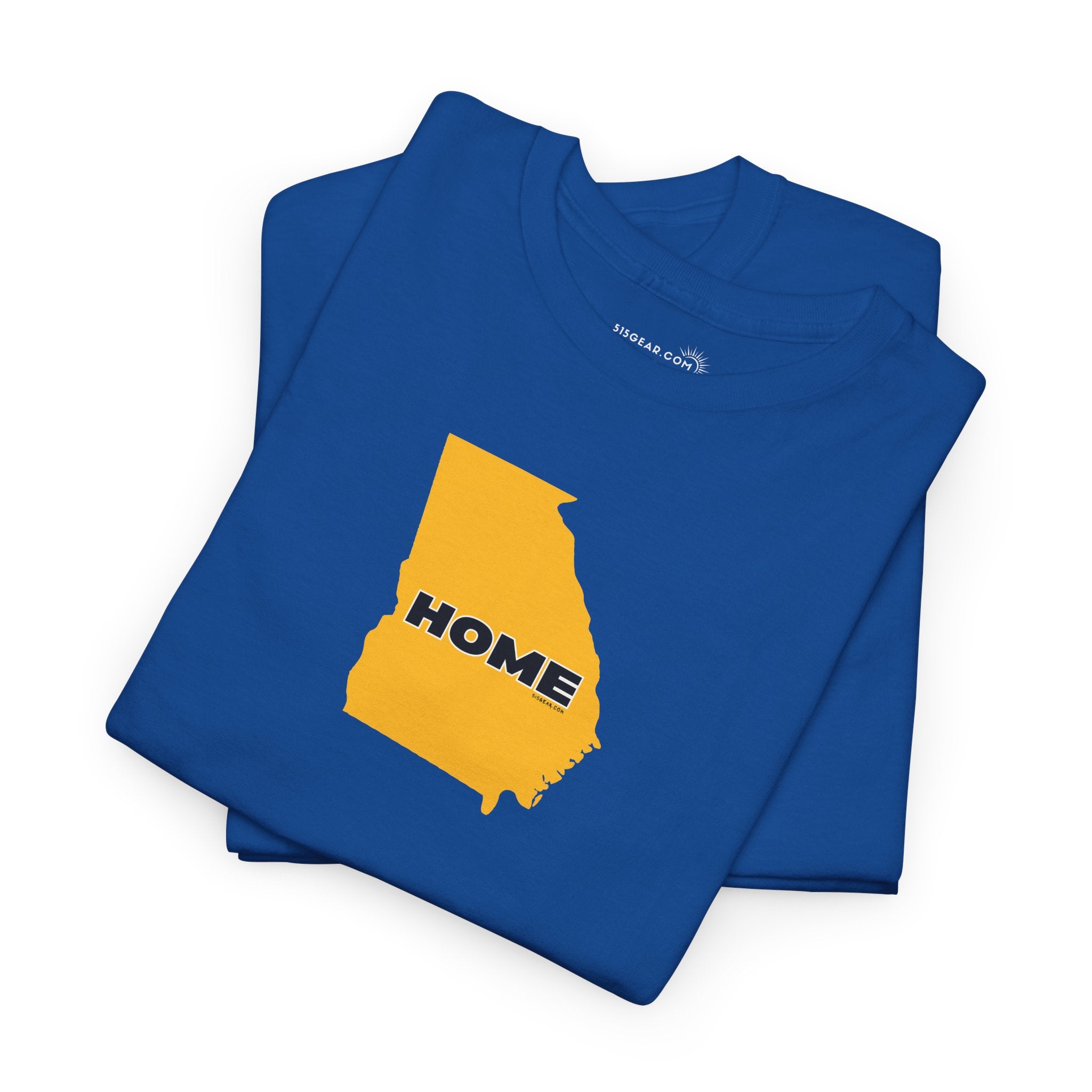 Folded blue t-shirt with State of Georgia graphic and text 'HOME' in school colors