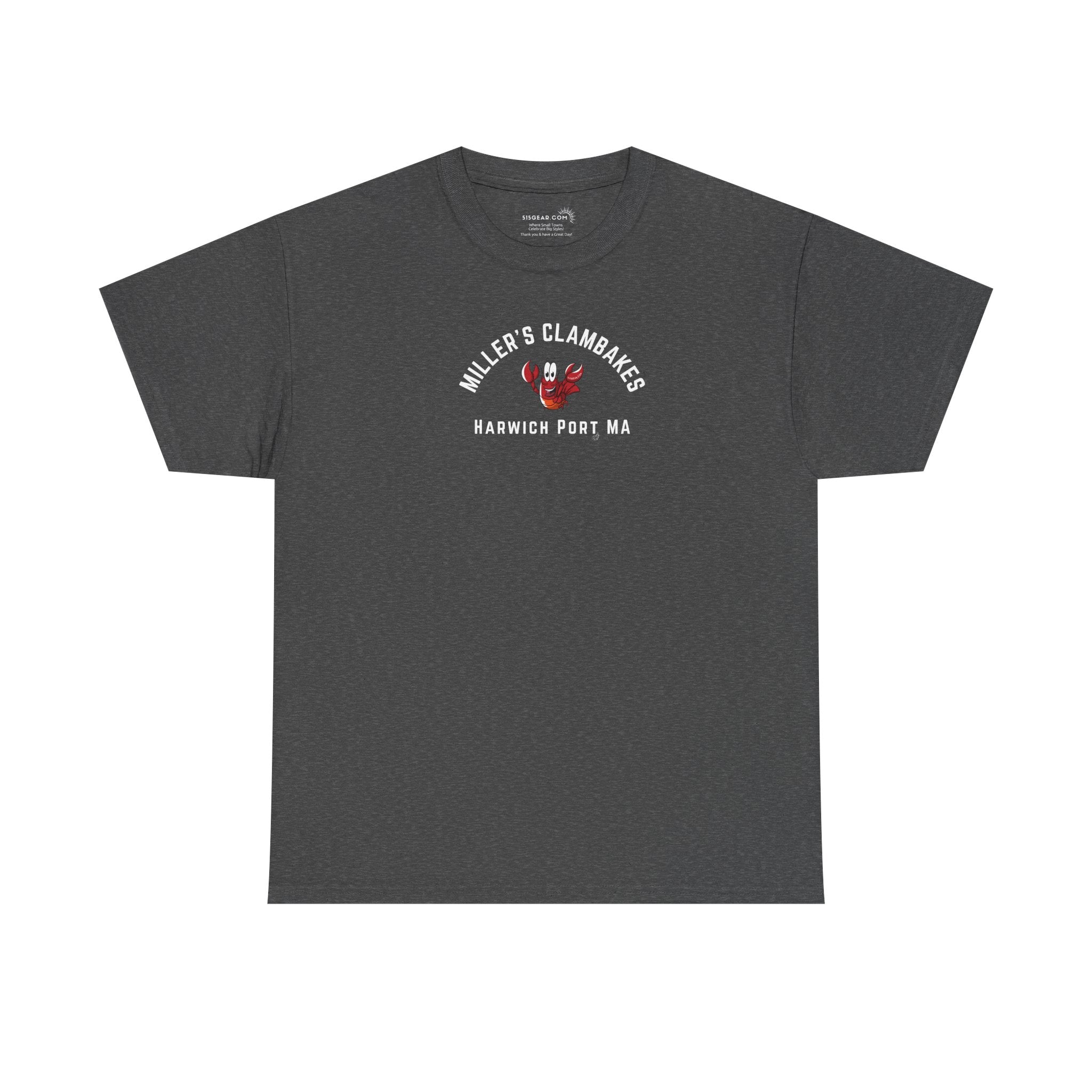 Dark gray t-shirt with happy lobster graphic and text 'Miller's Clambakes Harwich Port, MA'  