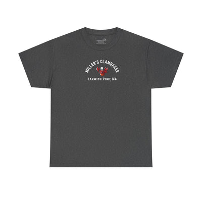 Dark gray t-shirt with happy lobster graphic and text 'Miller's Clambakes Harwich Port, MA'  