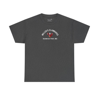 Dark gray t-shirt with happy lobster graphic and text 'Miller's Clambakes Harwich Port, MA'  
