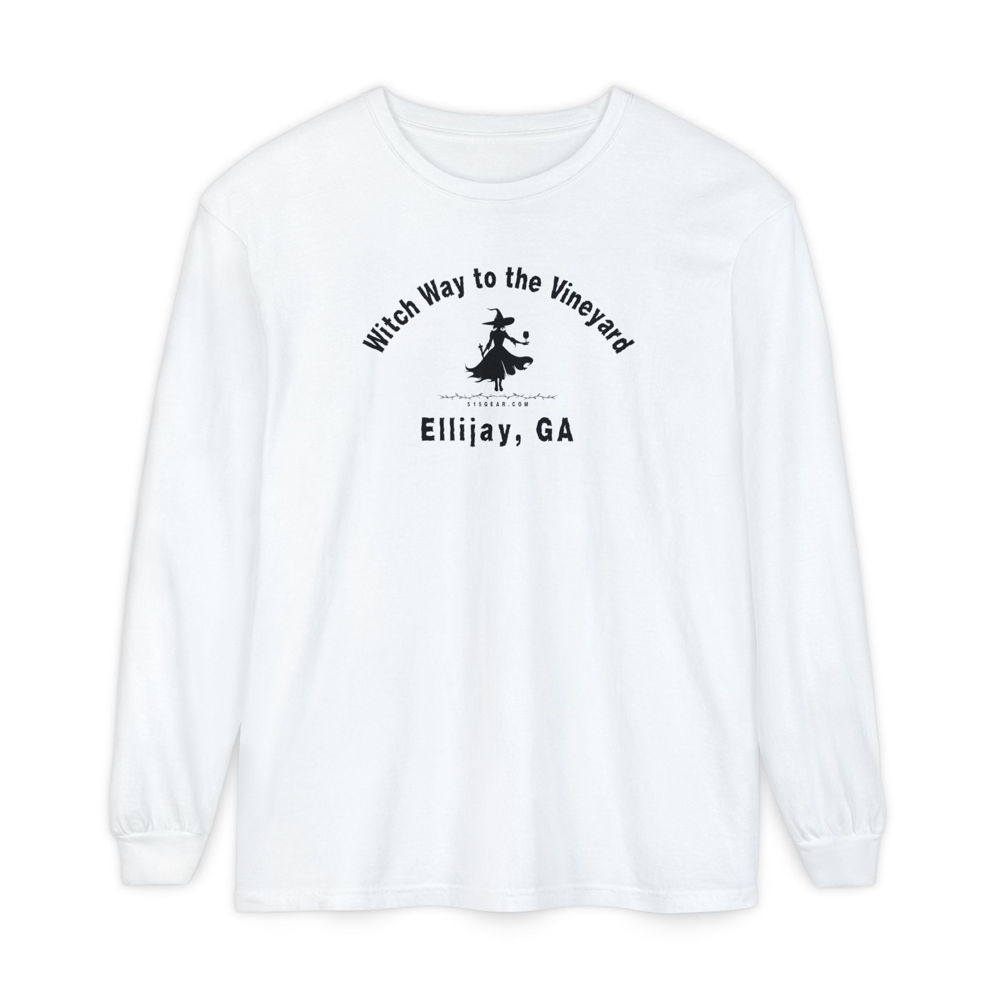 White long sleeve t-shirt with sassy witch graphic holding a glass of wine and text "Witch Way to the Vineyard - Ellijay GA" by 515Gear.com