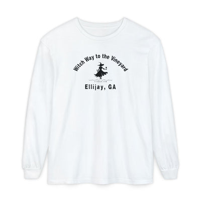 White long sleeve t-shirt with sassy witch graphic holding a glass of wine and text "Witch Way to the Vineyard - Ellijay GA" by 515Gear.com