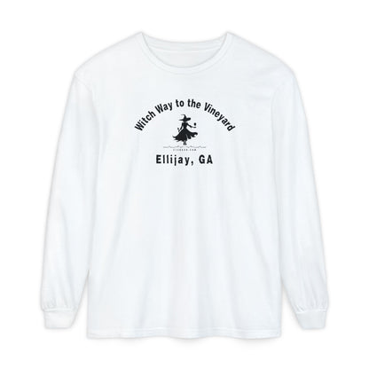 White long sleeve t-shirt with sassy witch graphic holding a glass of wine and text "Witch Way to the Vineyard - Ellijay GA" by 515Gear.com