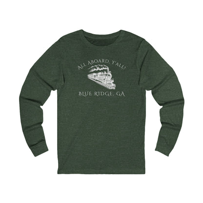Green long-sleeve shirt with train graphic and text "All Aboard, Y'all - Blue Ridge, GA" 