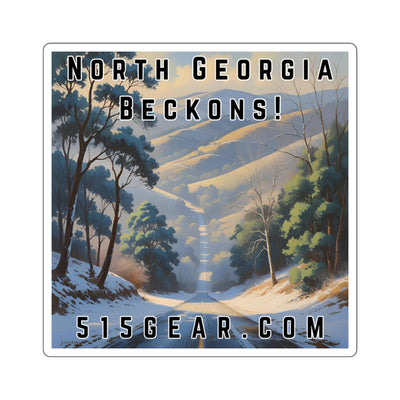 North Georgia Beckons! Square Sticker — Scenic Winter Mountain Travel Decal