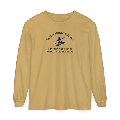 Mustard  long sleeve tee with Snowboarder mid-air and text 'Beech Mountain, NC Latitude 36.211' N Longitude 81.889' W