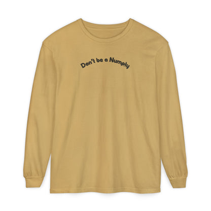 Beige long-sleeve shirt with text 'Don't be a Numpty' on a white background