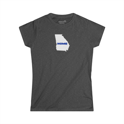 Gray Women's Semi-fitted v-neck Tee with tear-away label; 100% cotton with State of Georgia graphic and text "Home" in Georgia State University colors